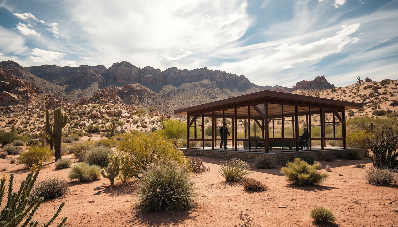 A dramatic desert landscape with a glass pavilion offering shade and shelter.