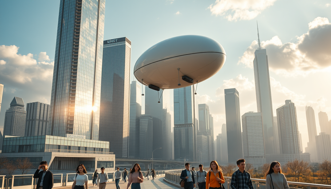 Create a stunning high-resolution image of the city of the future. The skyline should be filled with towering skyscrapers. Includes a light colored oval balloon-type robot flying rapidly through the air with tiny black balancers on either side of the balloon. There are some people walking on the street, Asian faces, wearing fashionable and avant-garde clothes, laid back and pleasant atmosphere. The visual focus of the image highlights small balloon-type robots patrolling the air for safety, very beautiful clouds, and beautiful sunlight reflecting off the glass surfaces of buildings, creating an atmosphere of excitement and innovation. Very sharp and realistic details, 32K, overlooking the city. - Image