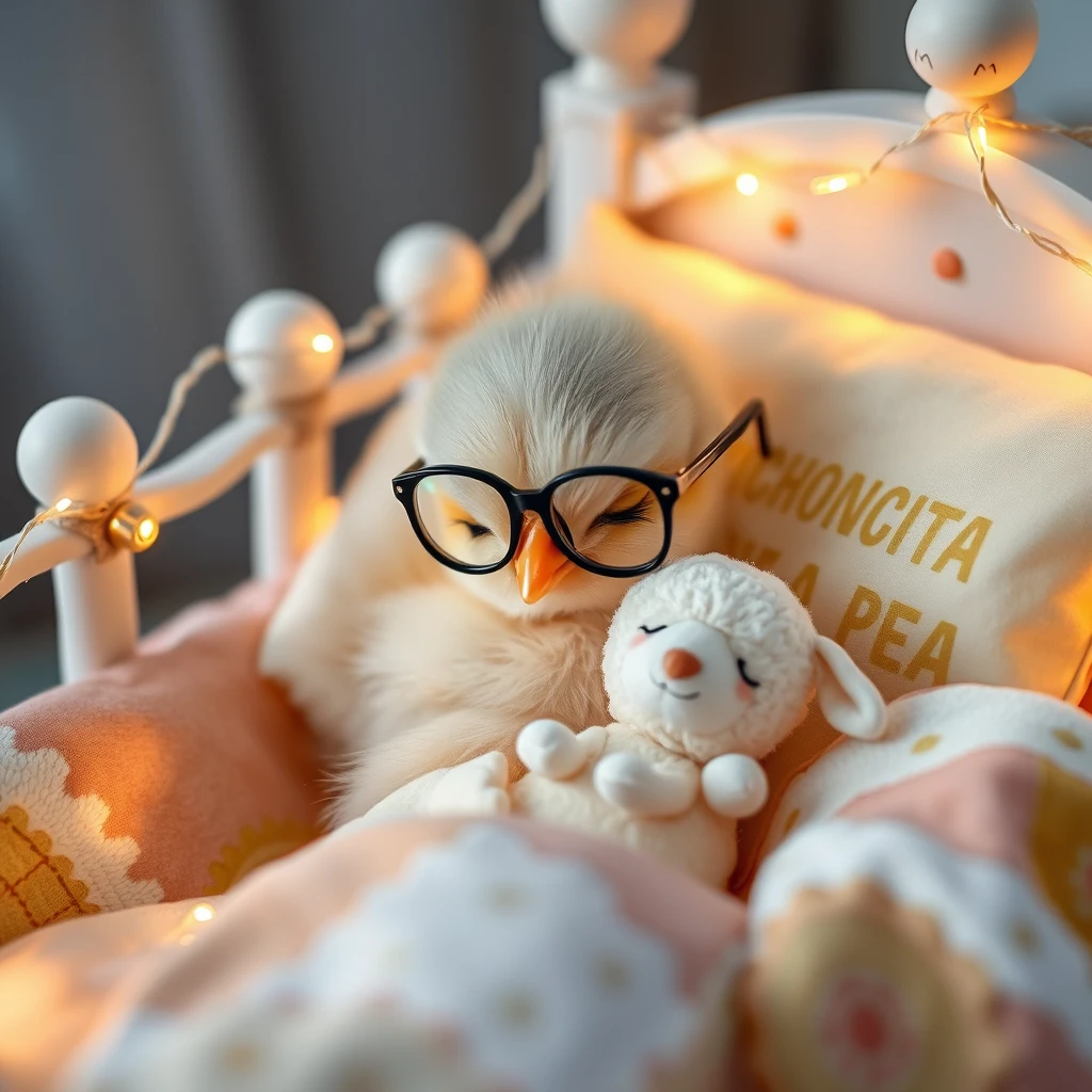 It's night. A sweet delicate newly hatched chick, cute and tender, is wearing glasses, resting its head on the pillow deeply asleep in its precious little bed with tiny bells, soft-colored lights, and childish details that have the name PICHONCITA written on it, with patchwork blankets hugging a tiny cute stuffed sheep. Photo.