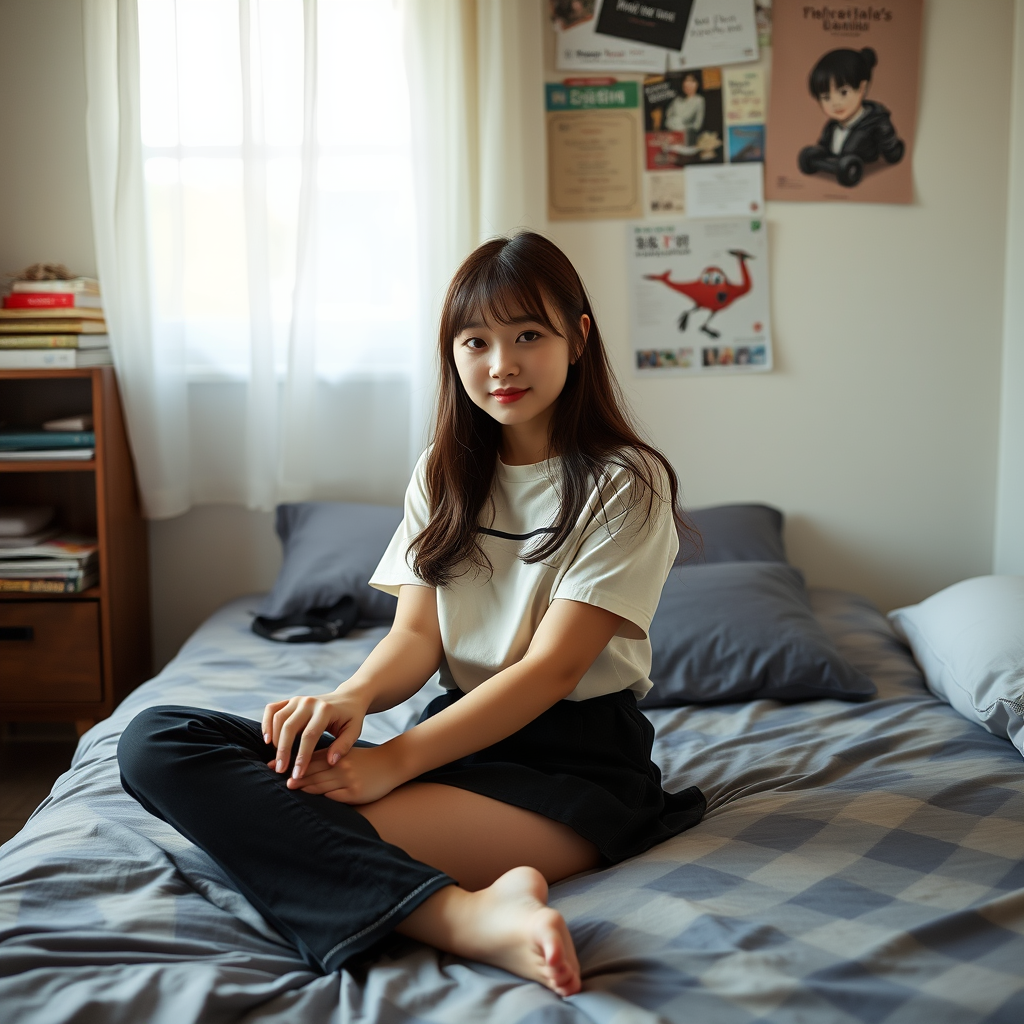 A high school Asian girl sitting on the bed in her room. - Image