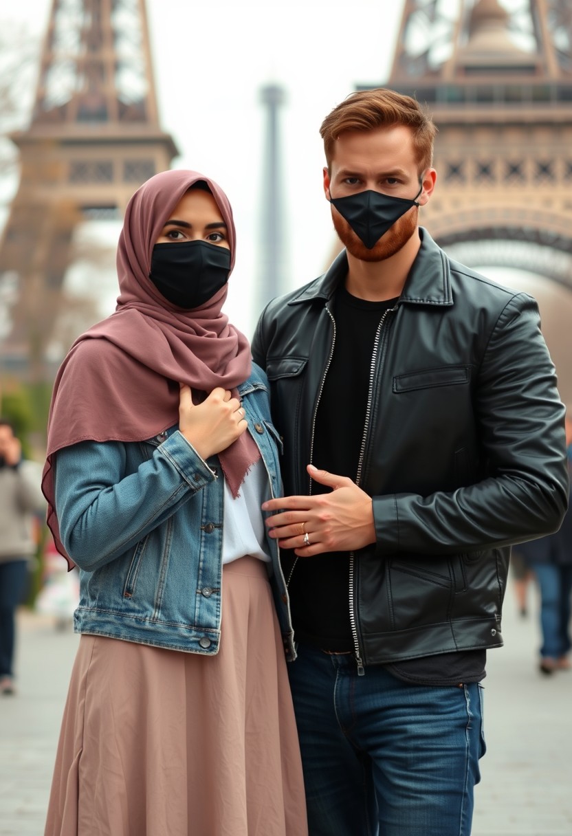 Jamie Dornan, handsome, black face mask, black leather jacket, jeans, dating, love couple with the biggest hijab Muslim girl, beautiful eyes, black face mask, jeans jacket, biggest skirt, wedding rings, Eiffel Tower, realistic, street photography.