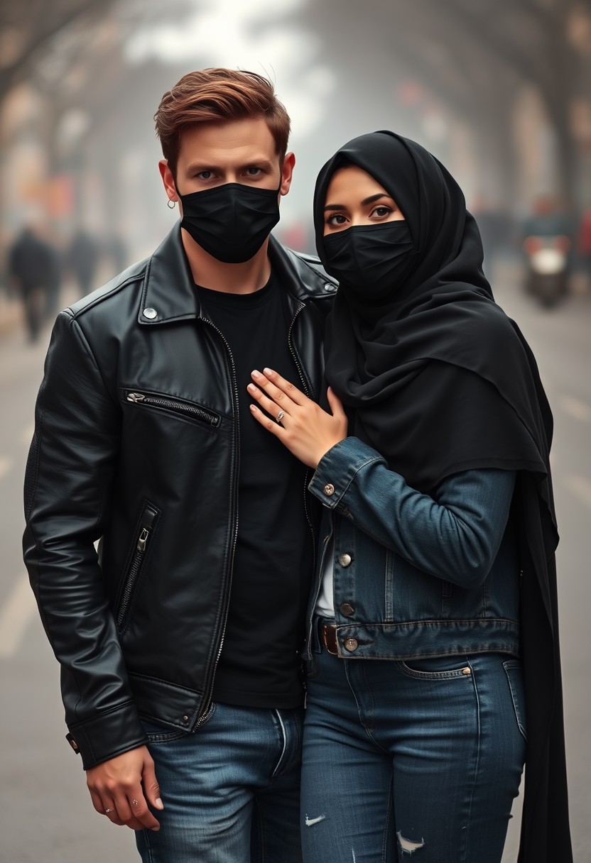 Jamie Dornan, handsome, black face mask, black leather jacket, jeans, dating, love couple with the biggest hijab Muslim girl, beautiful eyes, black face mask, jeans jacket, wedding rings, gloomy scenery, realistic, street photography.