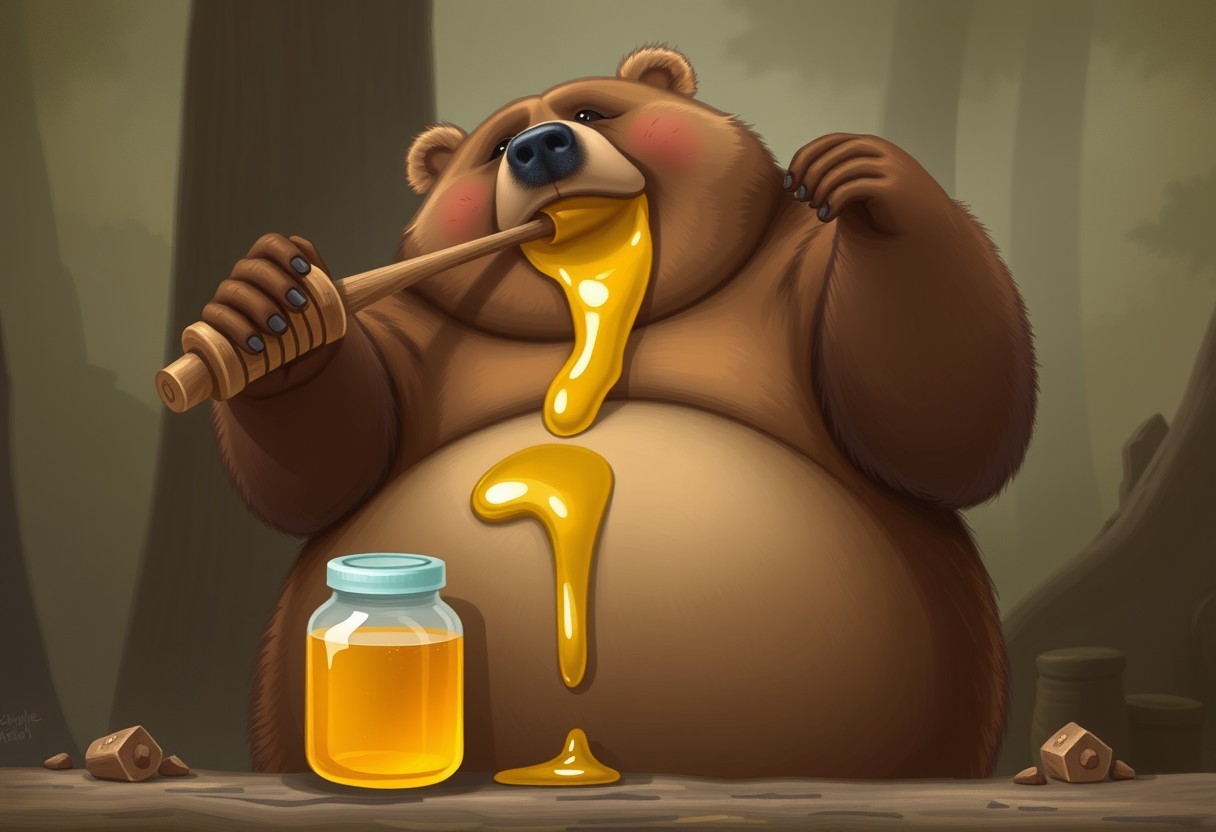 Obese bear chugging honey, bloated overhanging sagging belly, high resolution,