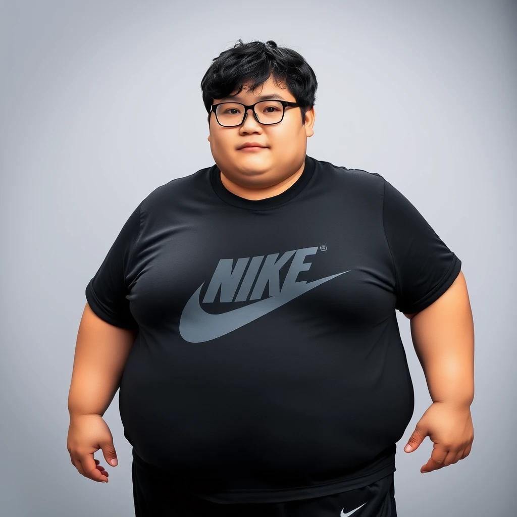 110kg fat Chinese boy, 20 years old, high school student, black glasses, very small eyes, slightly curly short black hair, wearing a black t-shirt with a big Nike logo, and black shorts without a logo, Nike sneakers.