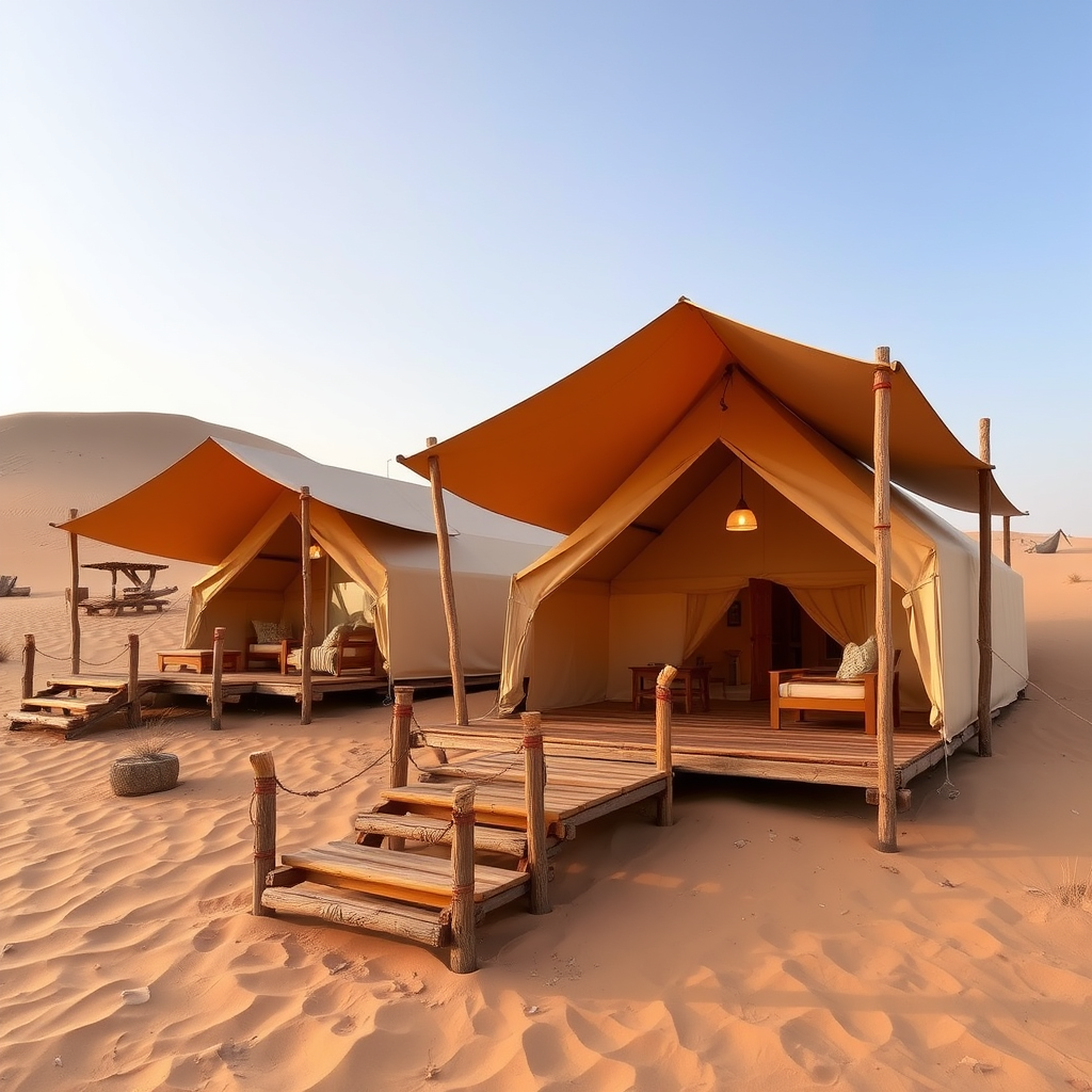 A desert sand dunes inspired lodge with tents and wooden posts.