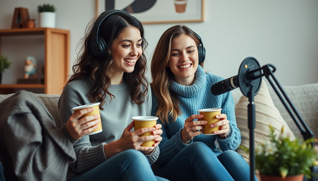 Young women with coffee cups recording podcast at home - Image