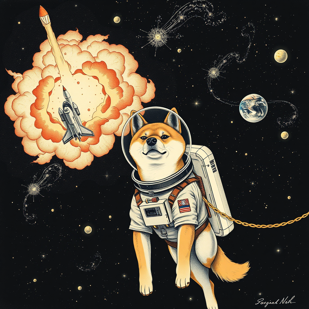 A Shiba Inu wearing a space suit is tethered by a rope in the vast and empty space near the explosion of the Space Shuttle Challenger, with star clusters, nebulae, and Earth in the distance. The style is reminiscent of Edward Gorey, vintage illustrations, tarot card designs, symmetrical compositions, mysticism, and dark fantasy, similar to James Christensen.