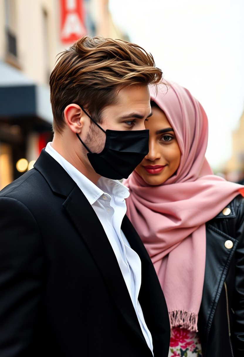 Jamie Dornan's head and body shot, handsome, young, black face mask, white shirt half-buttoned, black suit coat, dating love with the biggest soft pink hijab girl, beautiful eyes, black leather jacket, black face mask, biggest floral skirt, hyper-realistic, street photography.