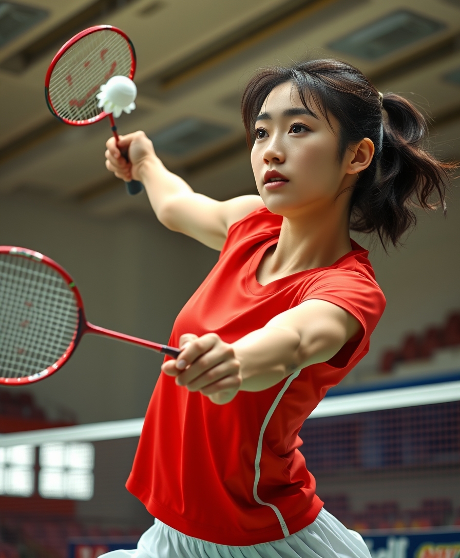 A detailed, realistic portrait of a young woman playing badminton in an indoor sports arena. The woman is wearing a bright red jersey and is mid-swing, her body in a dynamic, athletic pose as she focuses intently on the shuttlecock. The background is blurred, with glimpses of the court, net, and spectator stands visible. The lighting is natural and directional, creating shadows and highlights that accentuate the woman's features and muscular definition. The overall composition conveys a sense of energy, movement, and the intensity of the game. The image is highly detailed, with a photorealistic quality that captures the textures of the woman's clothing, skin, and the badminton equipment.

A woman with a beautiful face like a Japanese idol, she is wearing a white pleated skirt.

Badminton rackets and shuttlecocks with dynamic swings and motion blur. Depiction of the human body with a flawless personality.