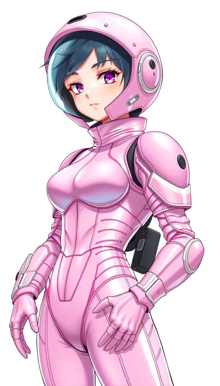 Ultra Detailed Character portrait, Pink space Armor bodysuit, female, anime style, super glamorous space female pirate, Pink Clothes made of shiny vinyl, Pink space bodysuit, A view from the waist up to the head, The background is a simple white color, cute Feel like a villain, Bizarre suits like space alien designs. - Image