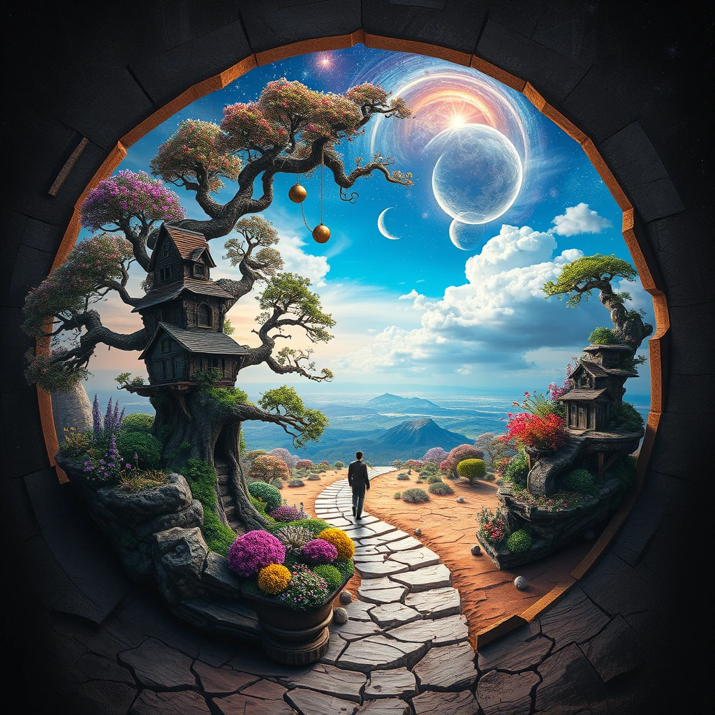 A Creative Masterpiece by Patrick Woodroffe and Alexander Jansson and Martin Stranka; a magnificent surreal scene within a cracked open half-circular yin-yang ancient stargate. The edge of the circle is decorated with twisted ancient bonsai with Victorian cottages and glitter on it. A figure on a winding path towards a dream room cloud with various weather systems and seasons. Contrast between cracked parched desert earth and lush fantasy garden; Vibrant Fibonacci spirals, psytrance motifs, by Alector Fencer, by Alex Pardee, by Naoto Hattori, Fusion of Furry Aesthetic and Psychedelia, intricacy; fantasy; mathematical-visionary-fractal wave; sublime ambience; Alexander V. Kuprin portrait; natural beauty; complexity; abstract vector fractal, wave function, Zentangle, 3D shading, Epic cinematic brilliant stunning intricate meticulously detailed dramatic atmospheric maximalist digital matte painting. - Image