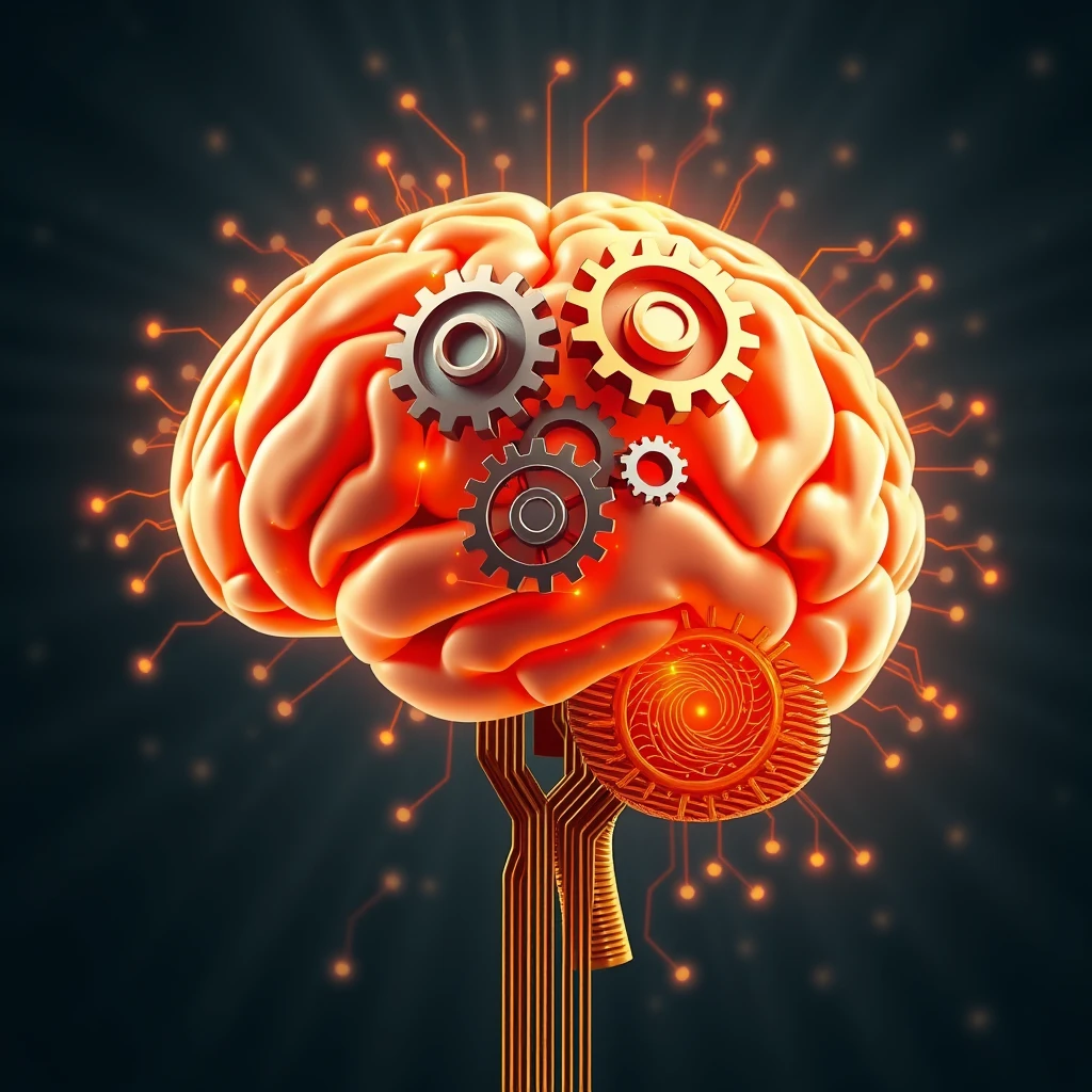 'GENERATE THE ULTRA-REALISTIC IMAGE IN 16:9: A human brain with gears and circuits, symbolizing a growth mindset and continuous learning.' - Image