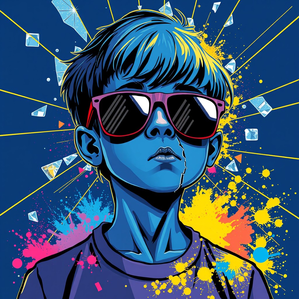 A boy with blue skin and an abstract broken face, wearing sunglasses, surrounded by glass breakage and gold lines on a dark blue background, with a colorful explosion of spilled powder. Illustration style, Andy Warhol style, Picasso style. - Image