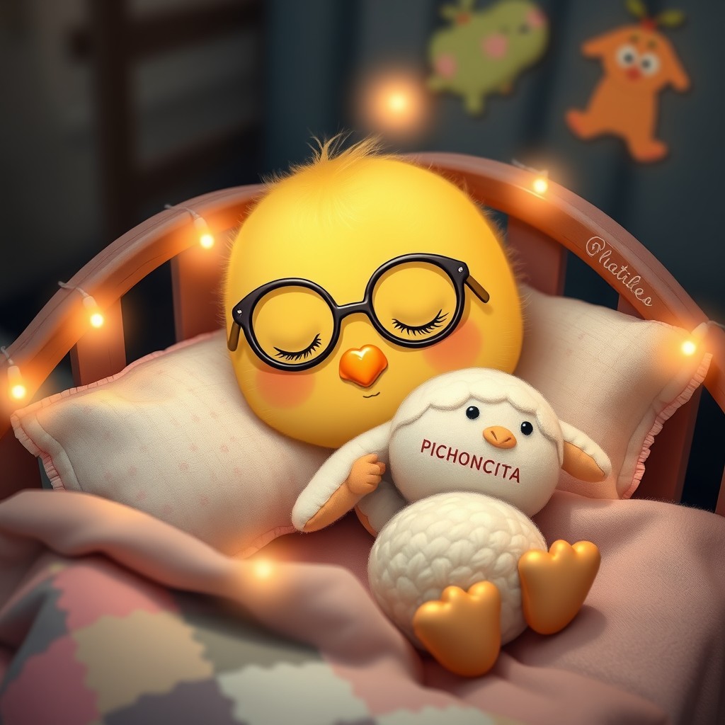 It is night. A sweet little delicate, tender Kawaii chick with a small rounded beak is wearing glasses, resting its head on the pillow, deeply asleep in its precious little bed with tiny jingle bells, soft colored lights, and childlike details that have the name PICHONCITA written on them, with patchwork blankets, hugging a tiny cute stuffed sheep.