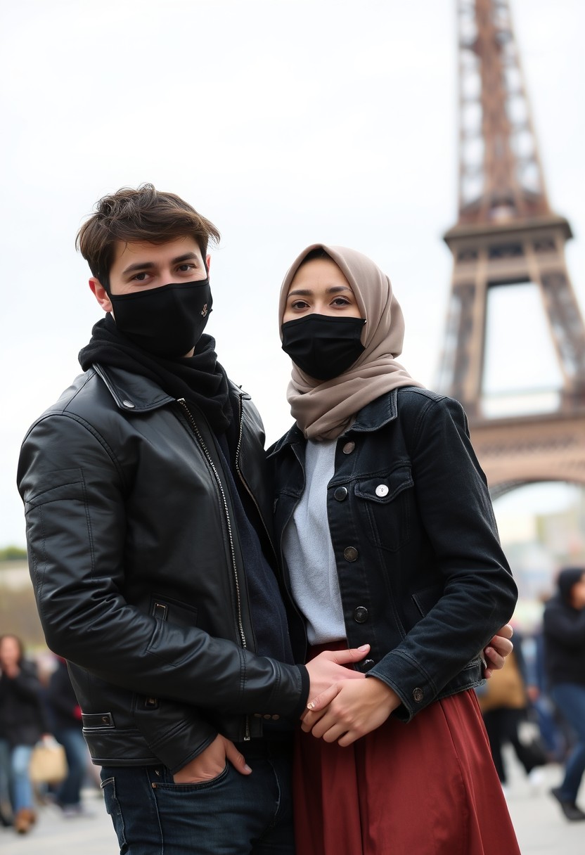 Jamie Dornan, handsome, face mask black, black leather jacket, jeans, dating, love couple with biggest hijab Muslim girl, beautiful eyes, face mask black, jeans jacket, biggest skirt, wedding rings, Eiffel Tower, realistic, street photography.