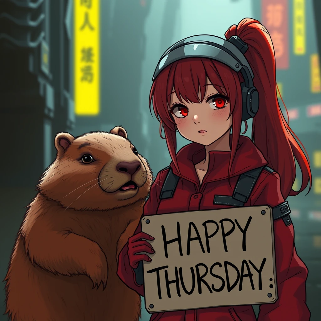 Redhead girl in red jumpsuit with a capybara holding a sign that says "HAPPY THURSDAY" dark sci-fi realistic anime style. - Image