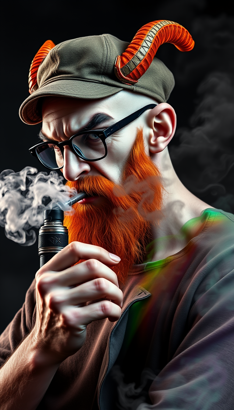 Three-quarter view of a sinister, bald human male with necromancer lich features. Demonic horns, short fiery ginger beard contrasts with dark eyebrows. Wears a weathered flat cap and aviator glasses. Clutches a sleek vape mod, exhaling dense, swirling vapor clouds. Vibrant e-liquid drips off his pale skin, creating a colorful aura. - Image