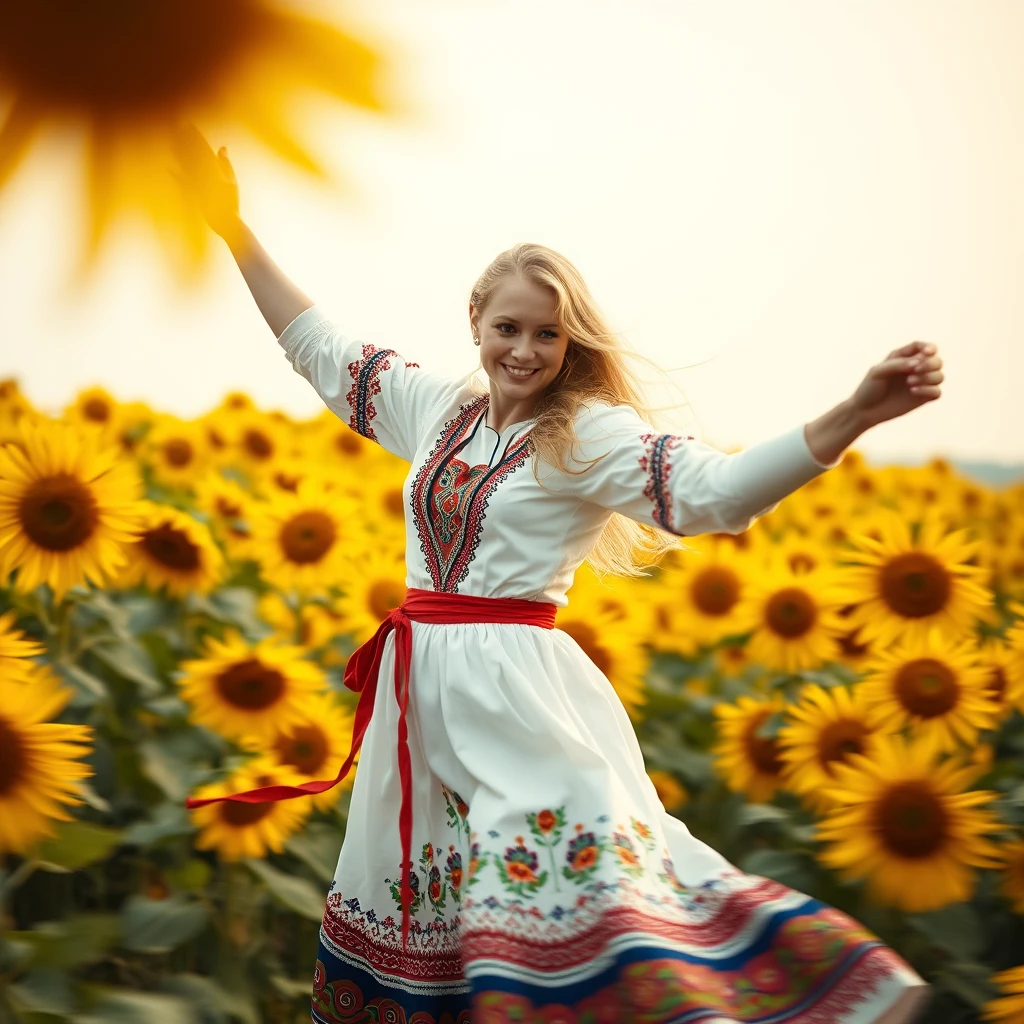 A Ukrainian woman dancing in a sunflower field, 20 years old, blonde, with light in her eyes, (Ukrainian traditional costume: 1.4), Style by Rick Remender, Motion blur, Movement, Full body, Award-winning work.