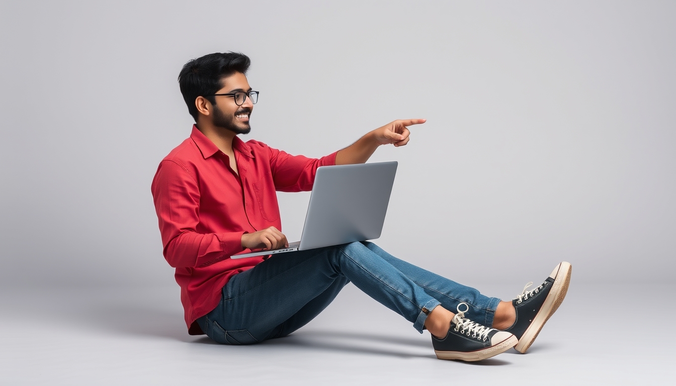 Full body young Indian IT man wearing a red shirt and casual clothes sits holding and using a laptop, pointing his finger to the side in an area isolated on a plain grey background in a studio. Lifestyle concept.