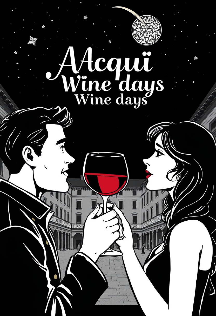 art nouveau mixed manga style image, in black and white, of a couple toasting with a glass of wine in a stemmed glass. It is night, there are stars including a comet. the wine is colored red. In the background an Italian square, in perspective. at the top, in the center of the image there is the writing Acqui Wine days in art nouveau font.