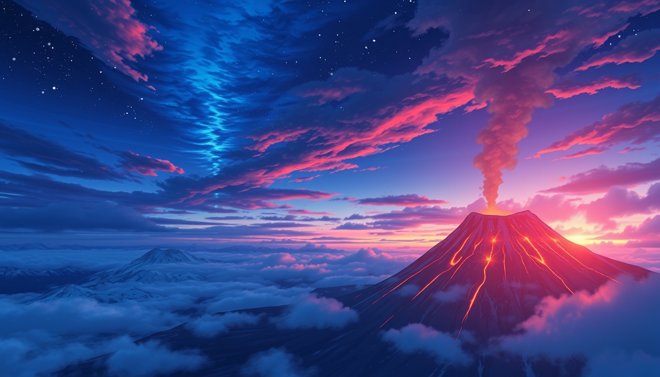 Volcanic landscape image. Styled like an anime or game background. Blue sky, sunset, sunrise, night, fog, snow, rain, cloudiness, autumn leaves, rainbow.