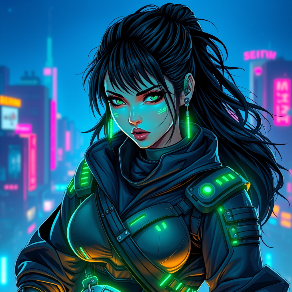 Cyber Samurai style of women warrior with rugged black hair and cybernetic implants | merging leather garments with futuristic cyberpunk elements | flowing robes and high-tech armor plating | dystopian cityscape background | in deep blue and neon green. hyper-clear, 8k, AR, cute face style.