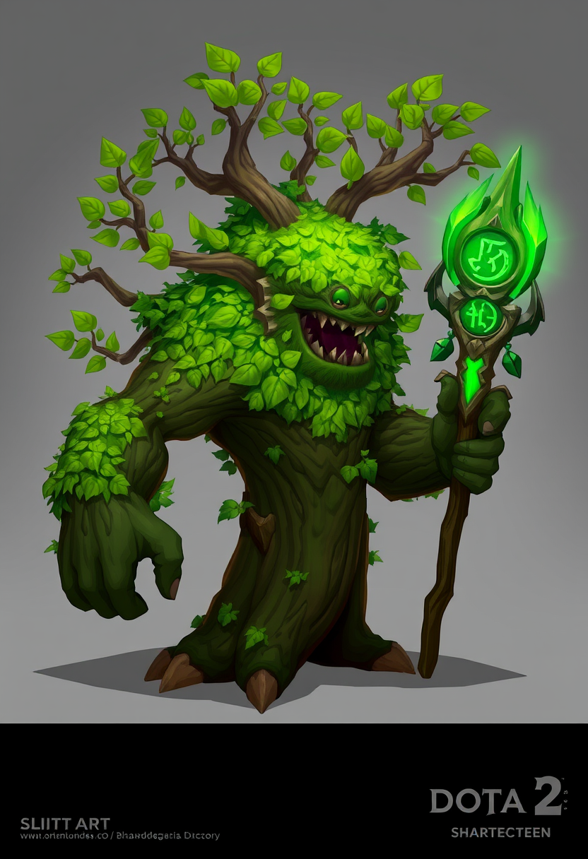 Dota2 style game art, a cartoonish tree monster with a large mossy body and many branches covered in vibrant green leaves. Woodblock texture on its skin. The staff has glowing green runes on it. Character sheet turnaround, concept art.