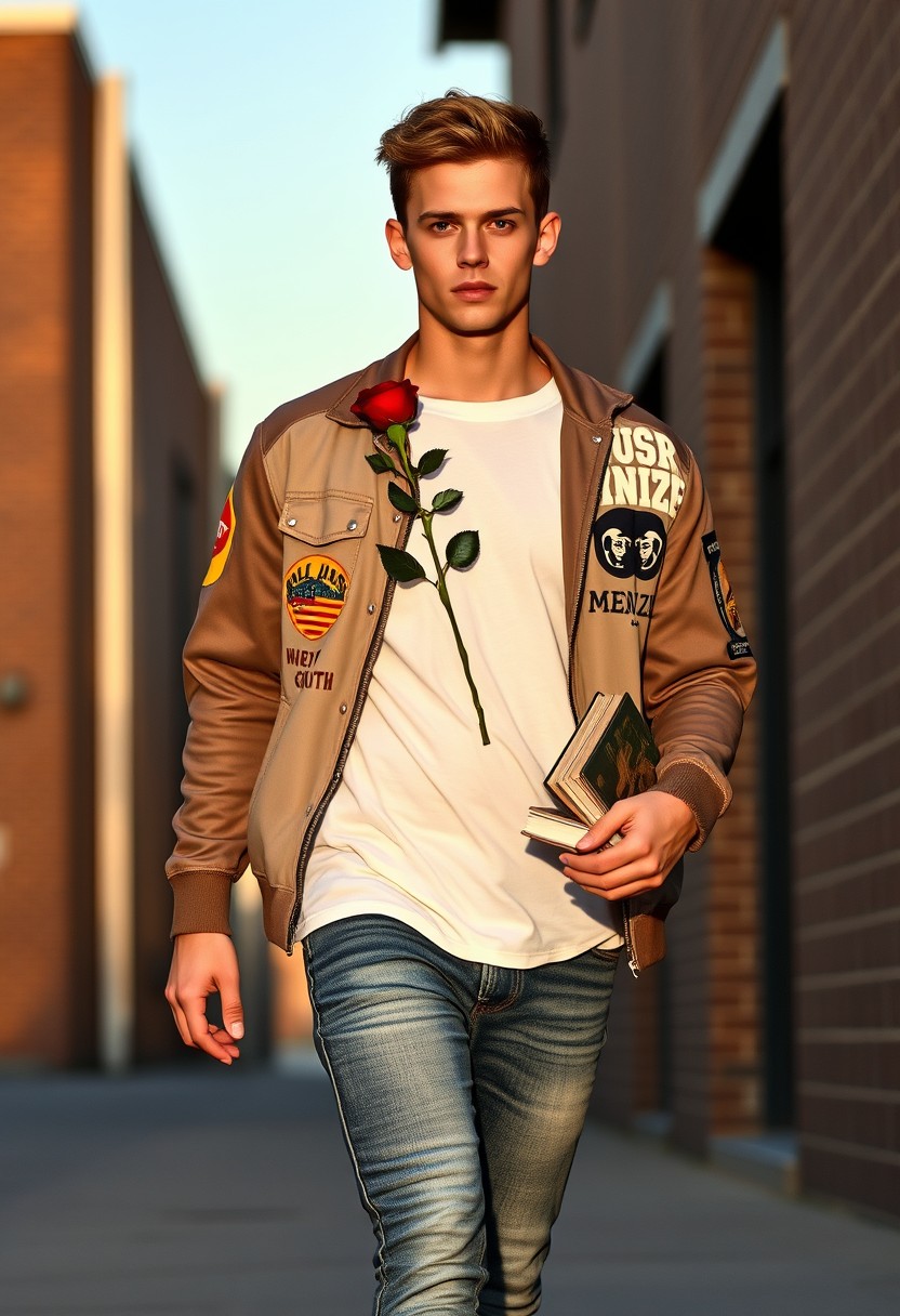 Freddie Prinze head and body shot, handsome, young, serious face, white T-shirt, collage jacket, skinny jeans, sneakers, holding a red rose and some books, walking style, hyper-realistic, street photography, brick wall, full body photo, sunrise.