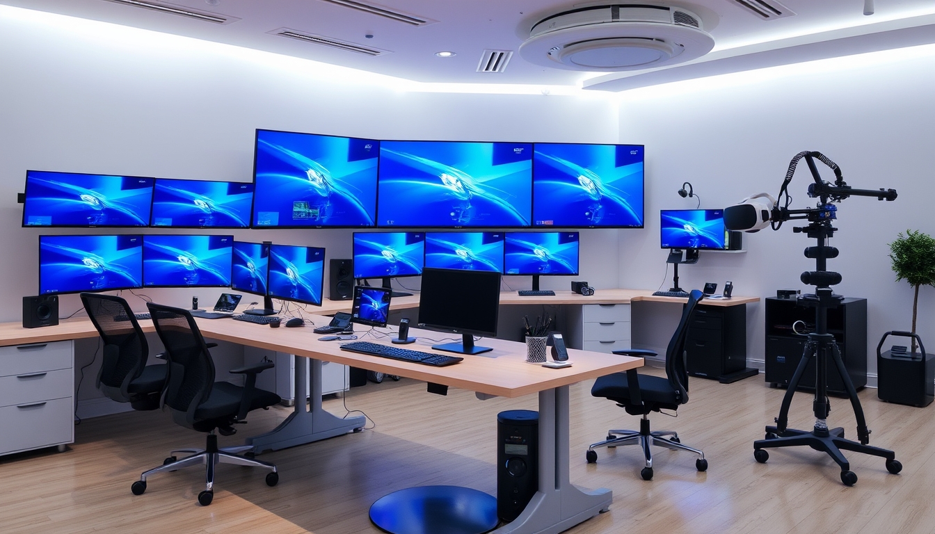 Innovative workspace with multi-screen setups, ergonomic furniture, and virtual reality equipment. - Image