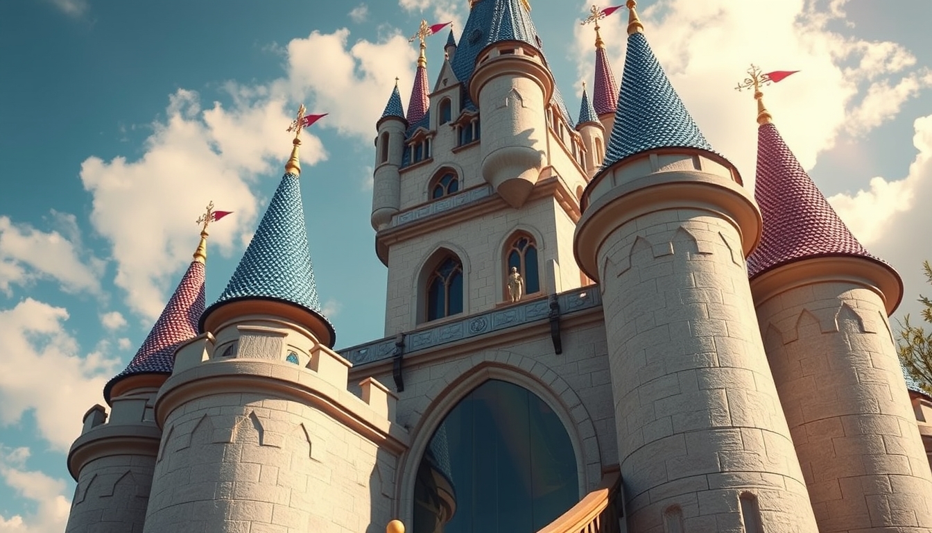 A whimsical fairy tale castle with glass turrets sparkling in the sunlight. - Image