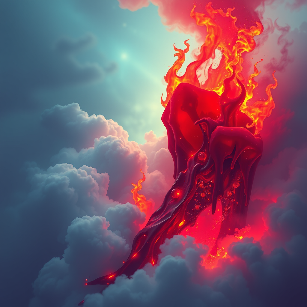 A tee shirt design of a beautiful ruby red kingdom in the clouds on fire with beautiful liquid red ruby dripping with flames. The ruby has subtle colorful embers burning in the ruby. Inside of the ruby should be reminiscent of beautiful galaxies perfectly blended with chaos. Striking and otherworldly on a transparent background, the flames should have an outline of a beautiful blue ethereal glow. - Image