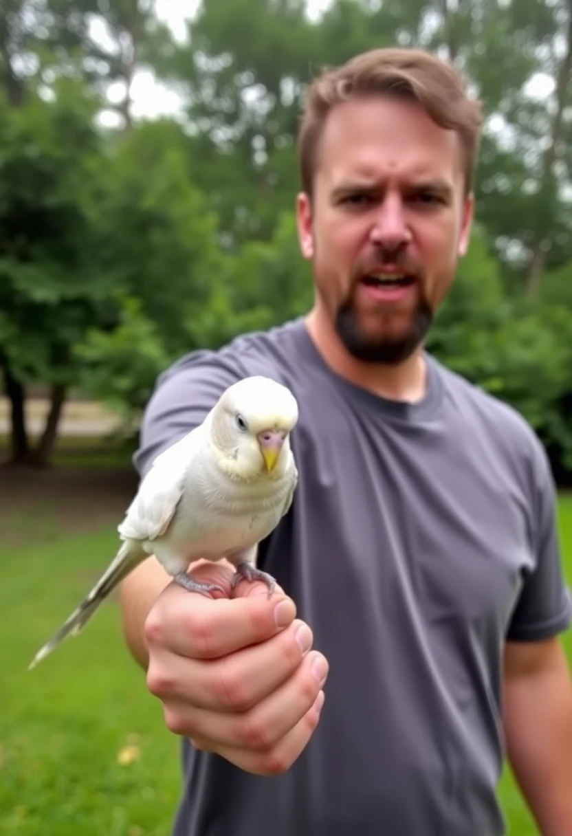 "Man holding a budgie aggressively, low resolution, 480p, screenshot"