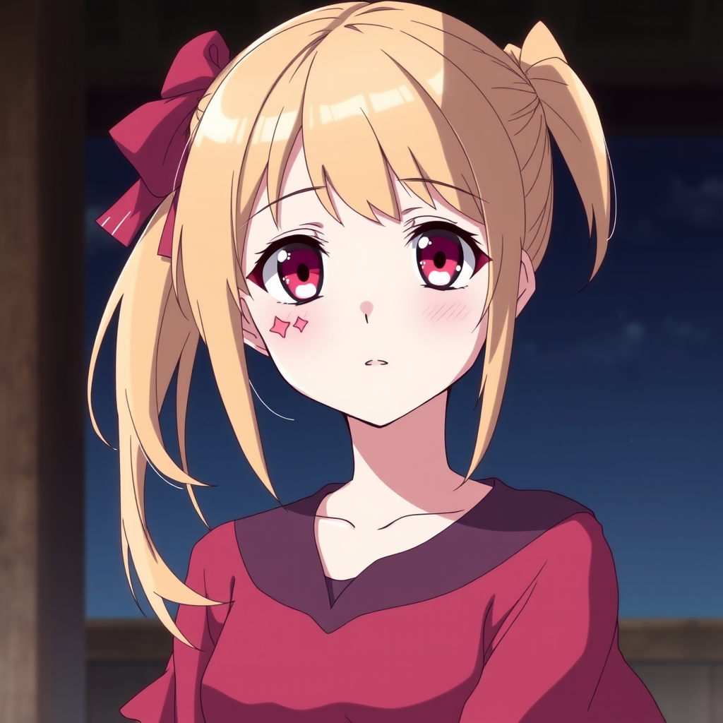 Beautiful young girl of average height with blonde hair tied in a side ponytail (much like her late mother Ai Hoshino) and has pink-ruby colored eyes with a six-star on her left eye, similar to her late mother. Anime style. - Image