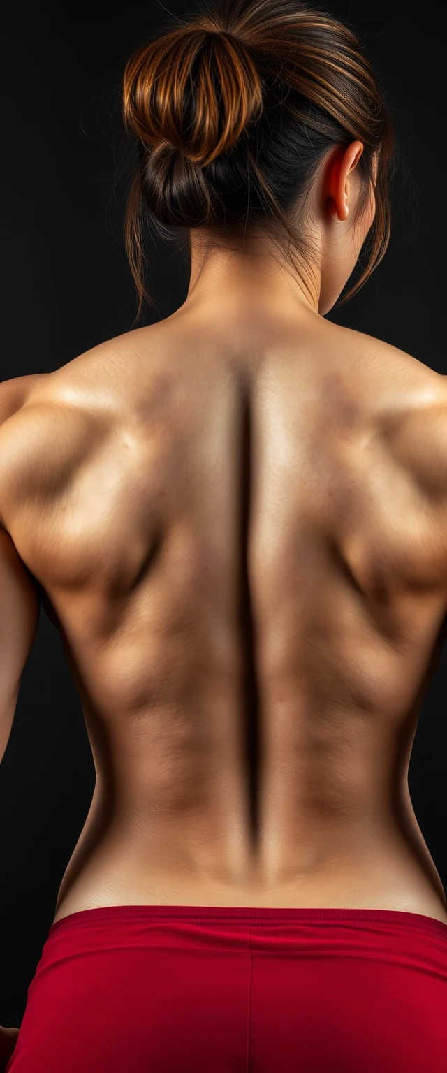 Close-up photo of the muscular back of a muscular, big, beautiful, tall, muscular, white, Asian woman. - Image