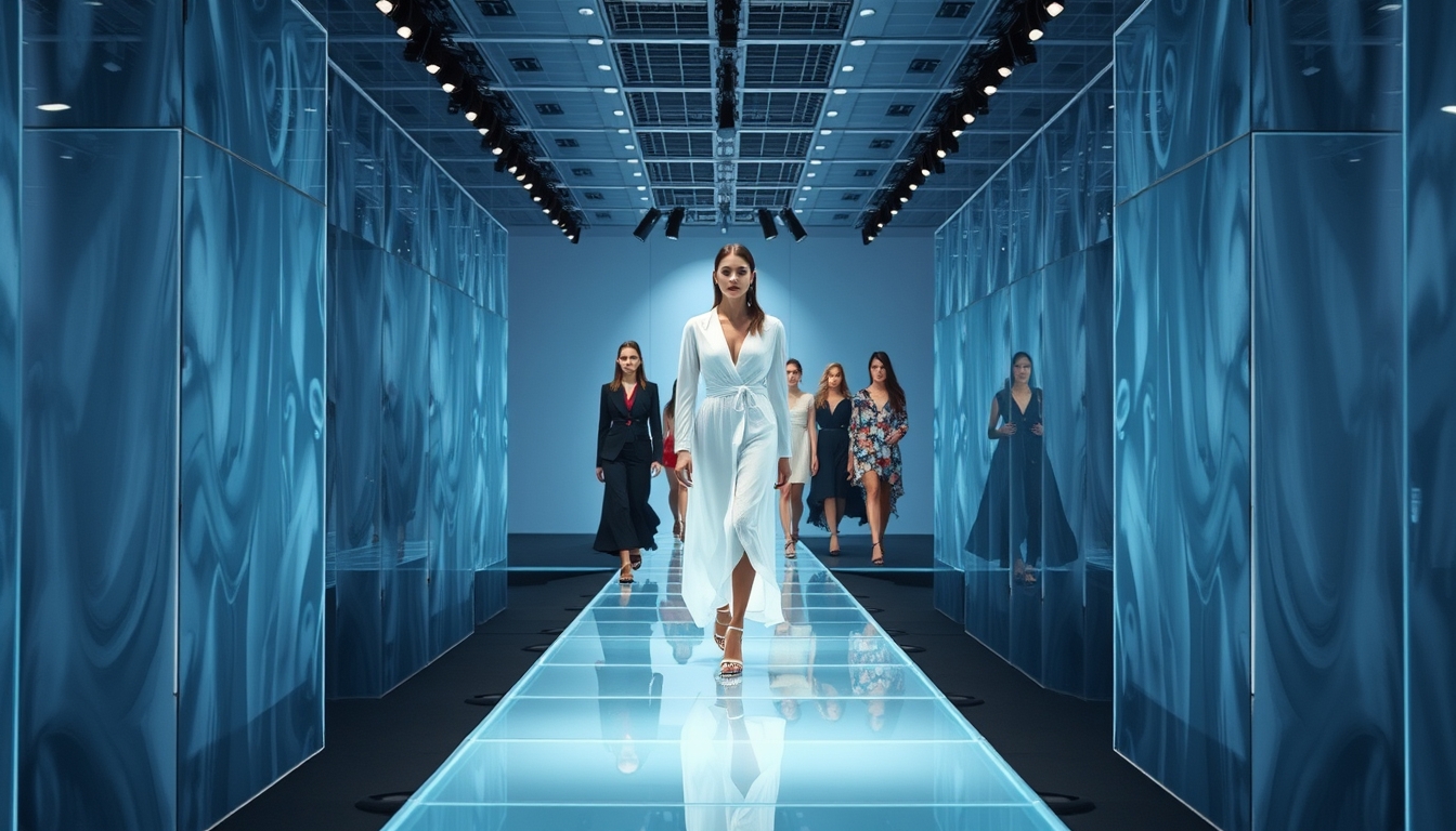 A high-end fashion show with models walking down a glass runway.