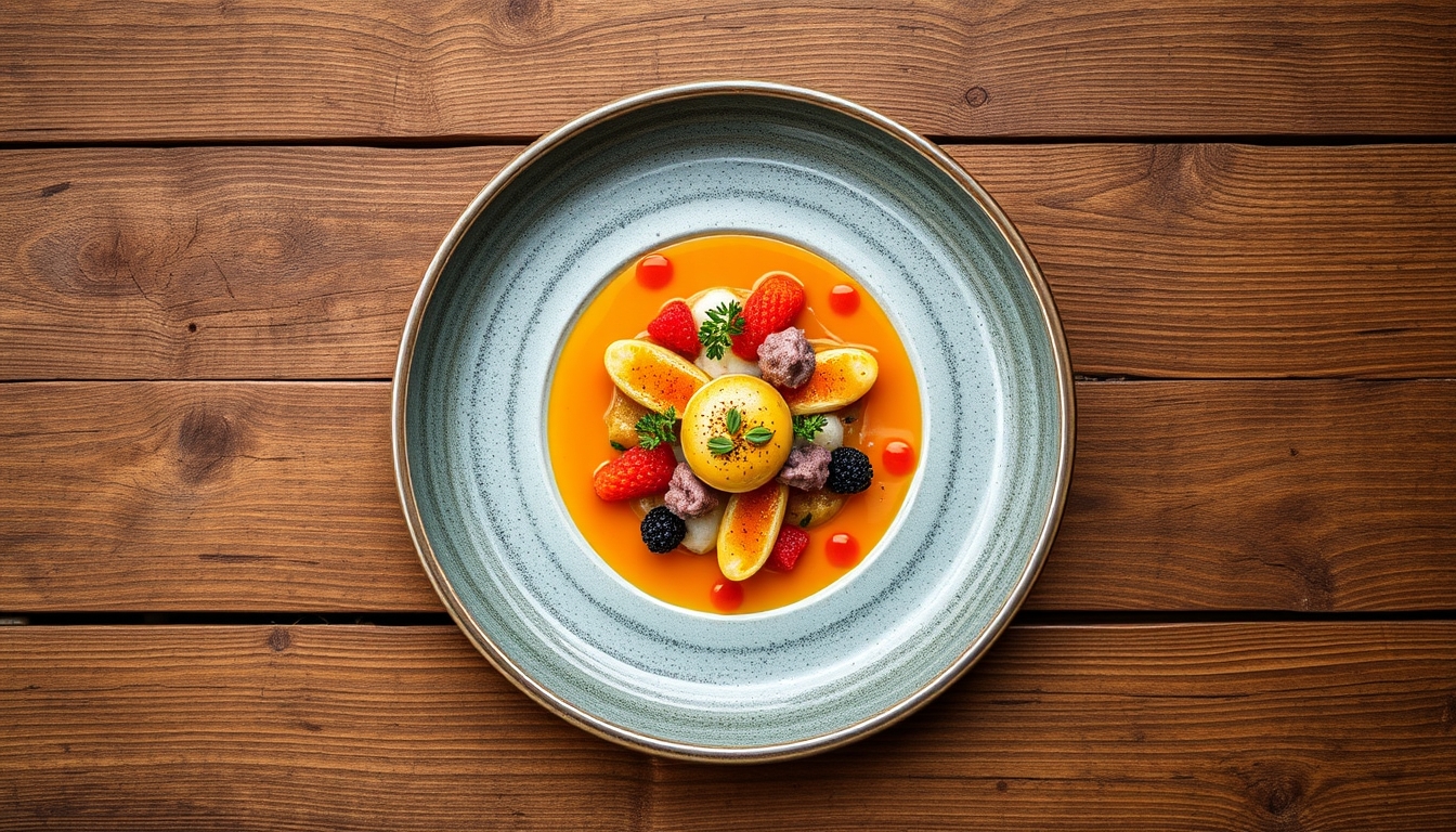 A top-down view of a beautifully arranged gourmet dish, with vibrant colors and textures, placed on a rustic wooden table, highlighting the artistry of food.