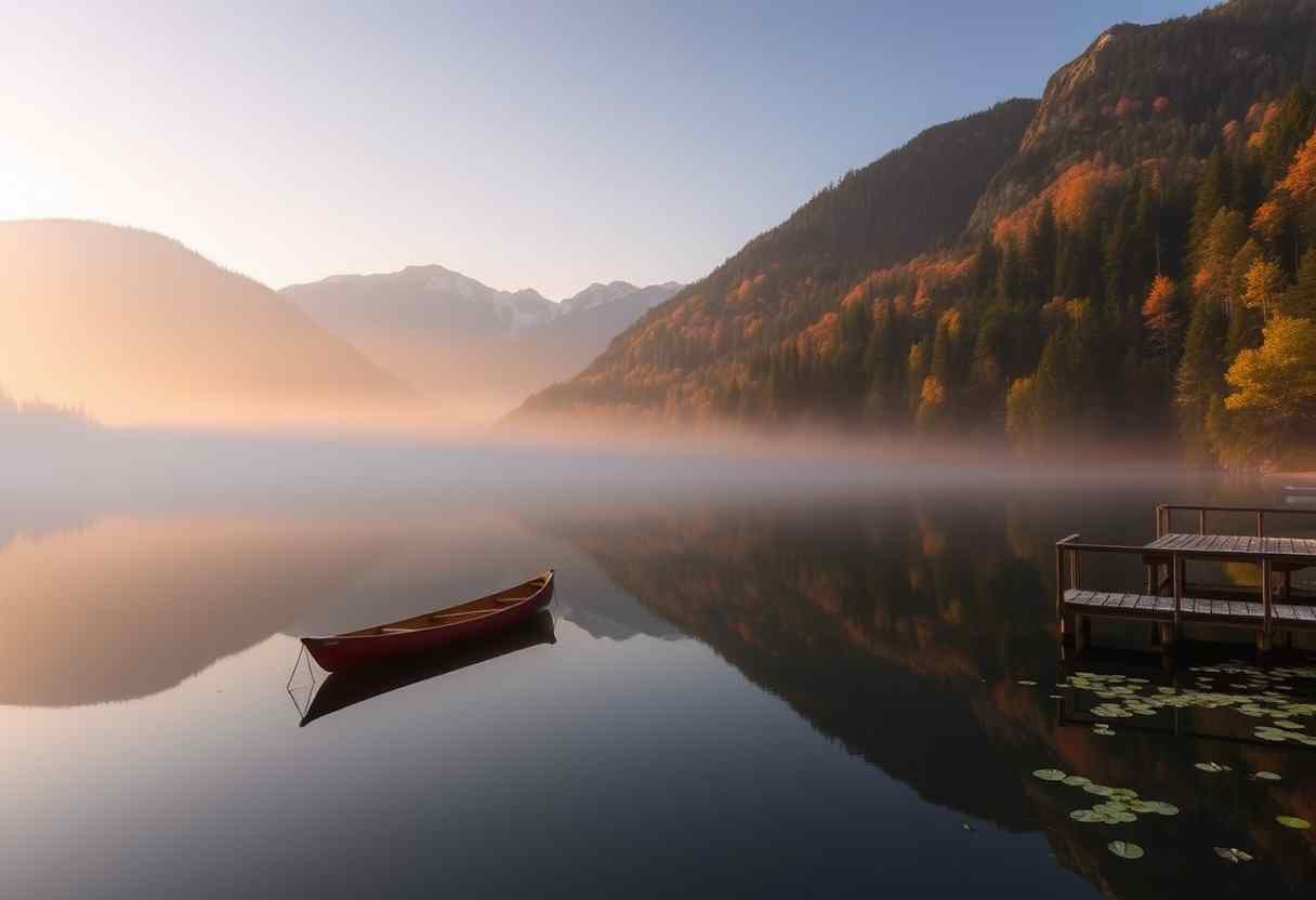 Peaceful, serene lake, mirror-like surface, misty morning, high quality, photorealistic, majestic mountains, pine trees, colorful autumn foliage, reflection, tranquil, secluded, remote, idyllic::0.7 kayaking, canoeing, wooden dock, rowboat, water lilies, sunrise, sunset