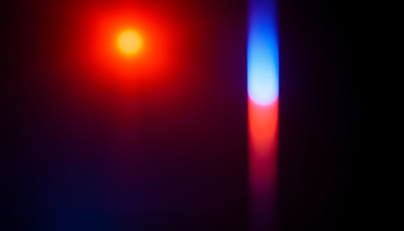 A bright orange and blue light is shown in a dark background. - Image