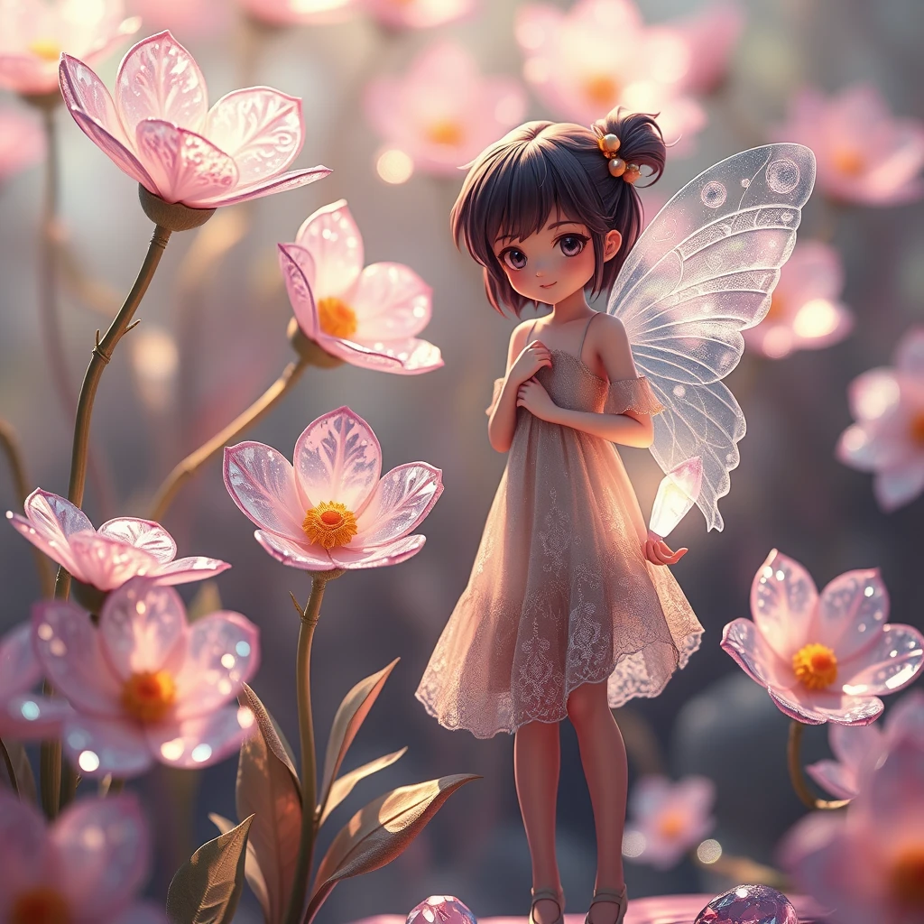 Glass textured flowers, a girl standing next to her wearing a skirt, fairy spirits talking to her, crystal sparkling next to her, Picas style, anime, 3D rendering, natural light, high-definition picture quality, 8K, -- niji 6