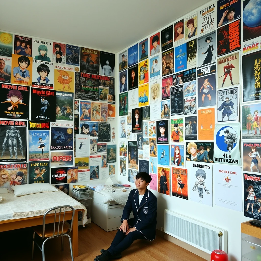 A very large room with one wall covered in many posters, including posters of Kei Zhihe's "Movie Girl," Neon Genesis Evangelion, Dragon Ball, Asuka, and Castle in the Sky. The room also has a bed and a table with chairs. There is a male student wearing a school uniform sitting in the room. - Image