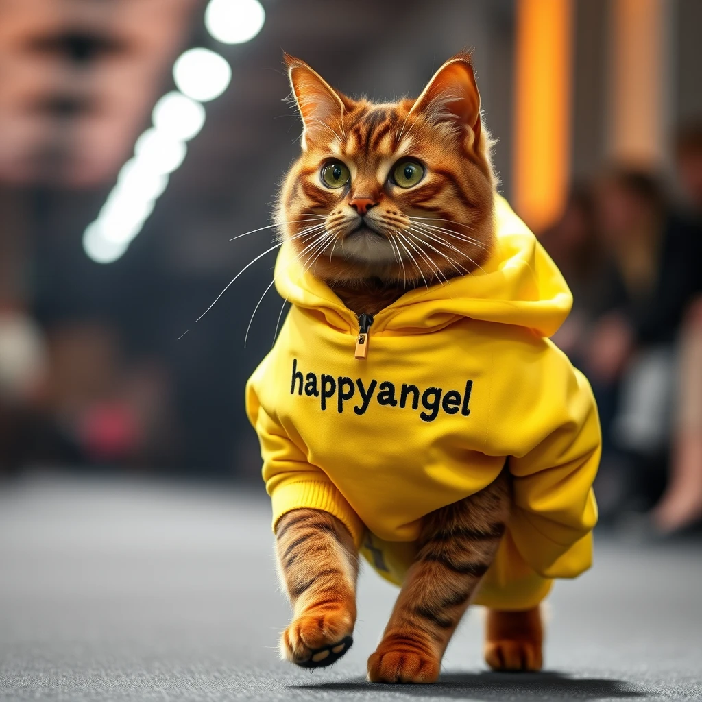 A brown cat in a yellow jacket with the name "happyangel 모카" embroidered on it is walking on the fashion show stage.