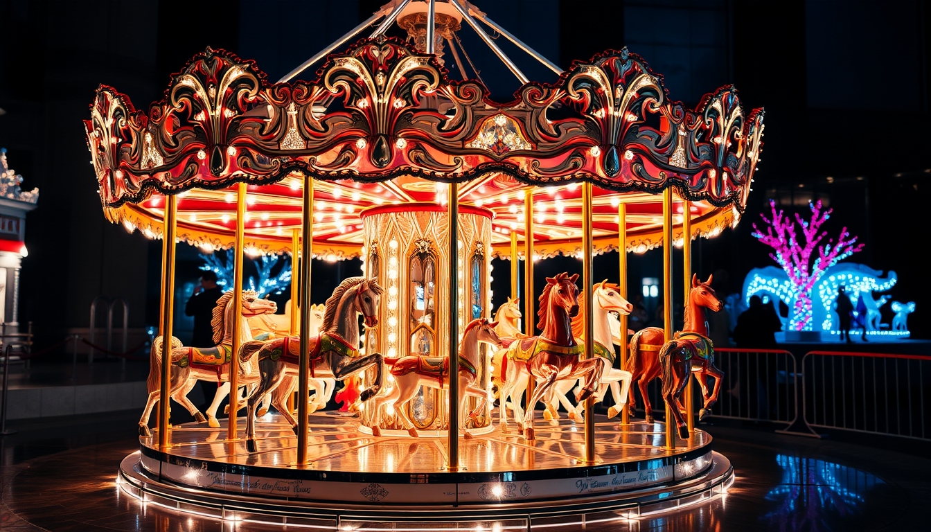 A whimsical glass carousel with beautifully detailed animals, lit up at night.