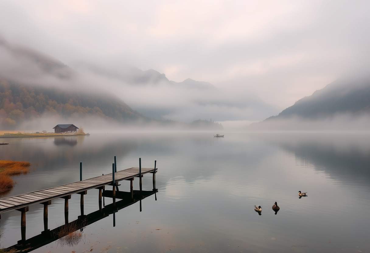 Tranquil, misty lake, surrounded by mountains, serene, high quality, photorealistic, reflection, peaceful, morning fog, autumn colors, breathtaking, idyllic::0.8 wooden pier, fishing boats, ducks, lakeside cabins, hiking trails, sunrise, sunset, misty mountains