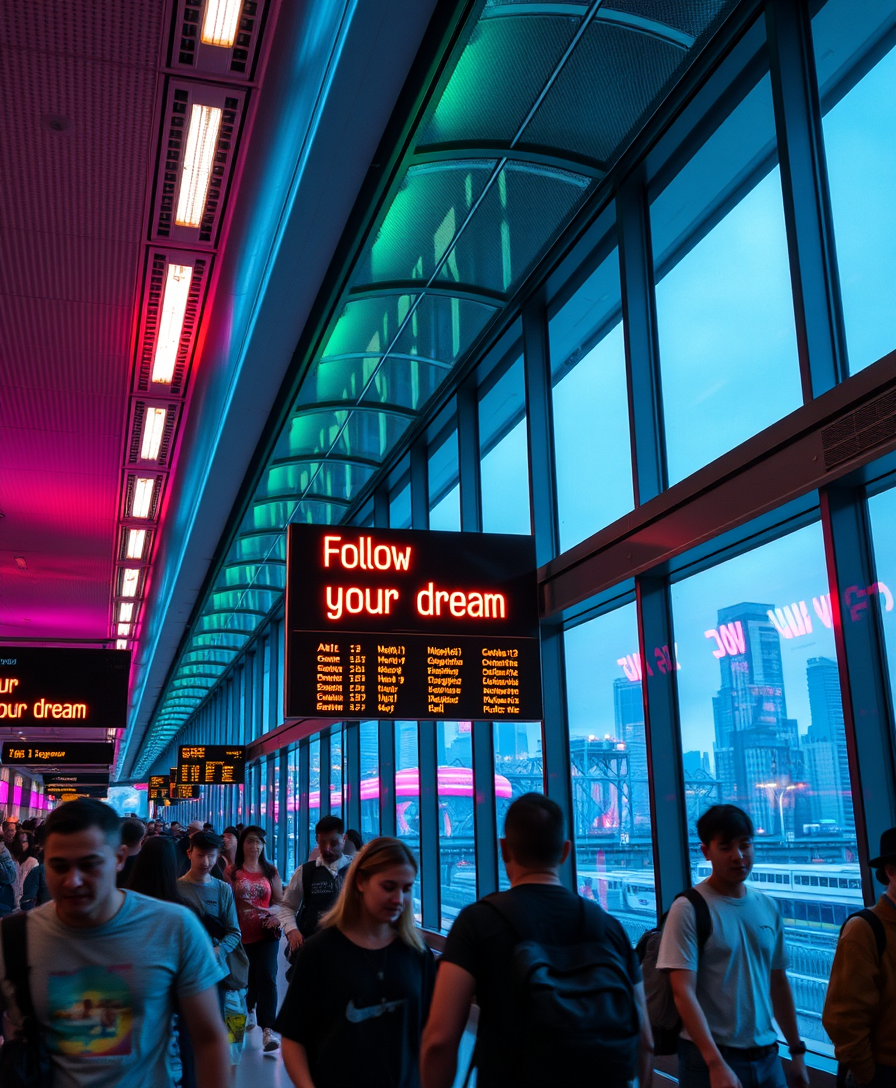 A futuristic railway station interior bustling with activity and vibrant neon lights. The walls are made of glass, providing stunning views of the city skyline. A train schedule board displays the message "Follow your dream" in large, glowing neon letters, emphasizing the theme of ambition and adventure. Passengers move swiftly, some with their eyes fixated on the board, while others engage in conversations or gaze out the windows. The station's design is sleek and modern, with clean lines and a sense of sophistication. - Image