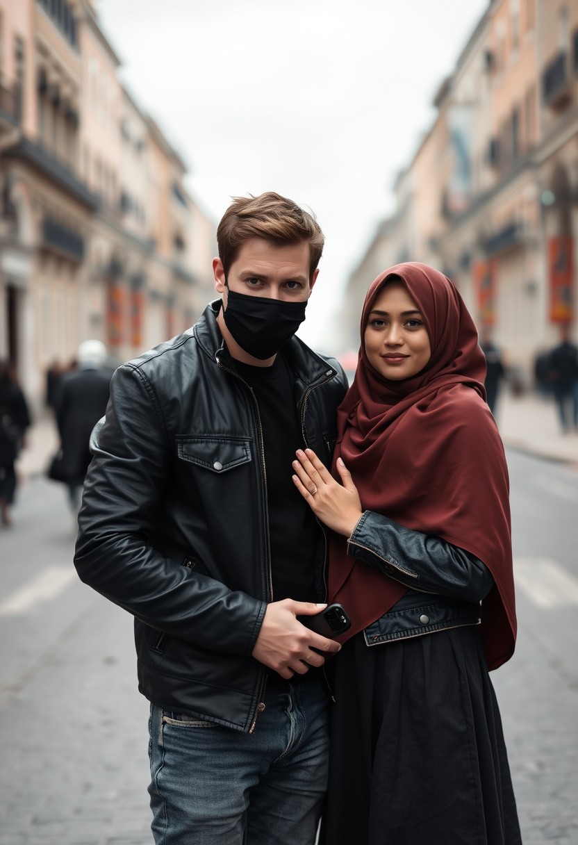 Jamie Dornan, handsome, black face mask, black leather jacket, jeans, dating, love couple with the biggest hijab Muslim girl, beautiful eyes, black face mask, jeans jacket, biggest skirt, wedding rings, gloomy scenery, realistic, street photography. - Image