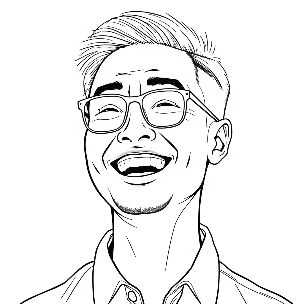 A cool black and white line drawing of a 35-year-old man’s head, with short back hair, Asian features, wearing thin-framed glasses for nearsightedness, a slightly short beard on his chin, dressed in a shirt, with a full face, clean and fresh skin, and laughing heartily. - Image