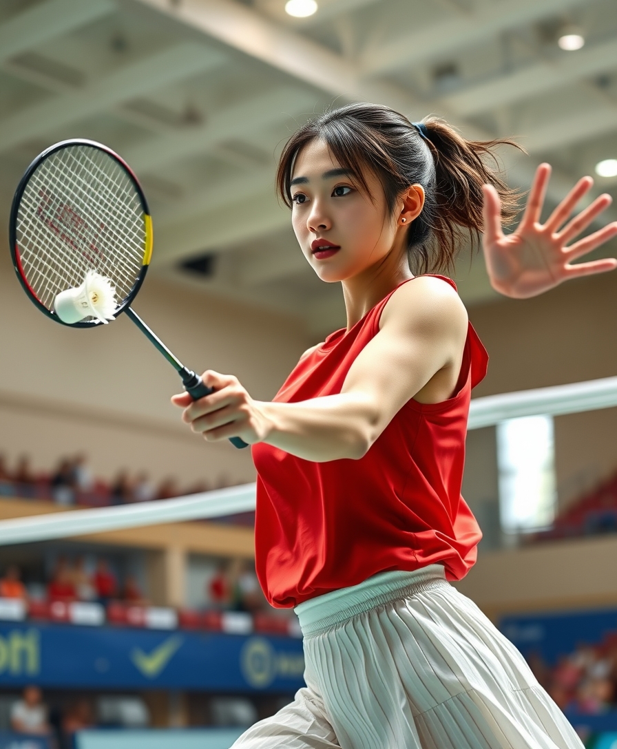 A detailed, realistic portrait of a young woman playing badminton in an indoor sports arena. The woman is wearing a bright red jersey and is mid-swing, her body in a dynamic, athletic pose as she focuses intently on the shuttlecock. The background is blurred, with glimpses of the court, net, and spectator stands visible. The lighting is natural and directional, creating shadows and highlights that accentuate the woman's features and muscular definition. The overall composition conveys a sense of energy, movement, and the intensity of the game. The image is highly detailed, with a photorealistic quality that captures the textures of the woman's clothing, skin, and the badminton equipment.  
A woman with a beautiful face like a Japanese idol, she is wearing a white pleated skirt.  

Badminton rackets and shuttlecocks with dynamic swings and motion blur  
Depiction of the human body with a flawless personality.