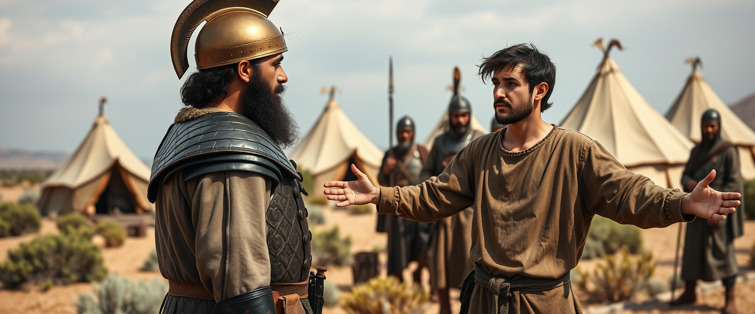 Create a scene of two men standing apart and arguing while four soldiers gather beside the man on the left. The man on the right is dressed in a simple shepherd's tunic and is a young Jewish man; his arms are stretched out to the sides, and he looks shocked with dark, messy, unkempt hair and a beard, sternly gazing at the left eye of the other man. The man on the left is a middle-aged Jew with a black beard, wearing a complete suit of biblical-era leather lamellar armor and a brass conical helmet with a pointed tip. In the background are Arabic army tents pitched on desert shrubland. The overall mood of the image is one of anxiety and concern. - Image