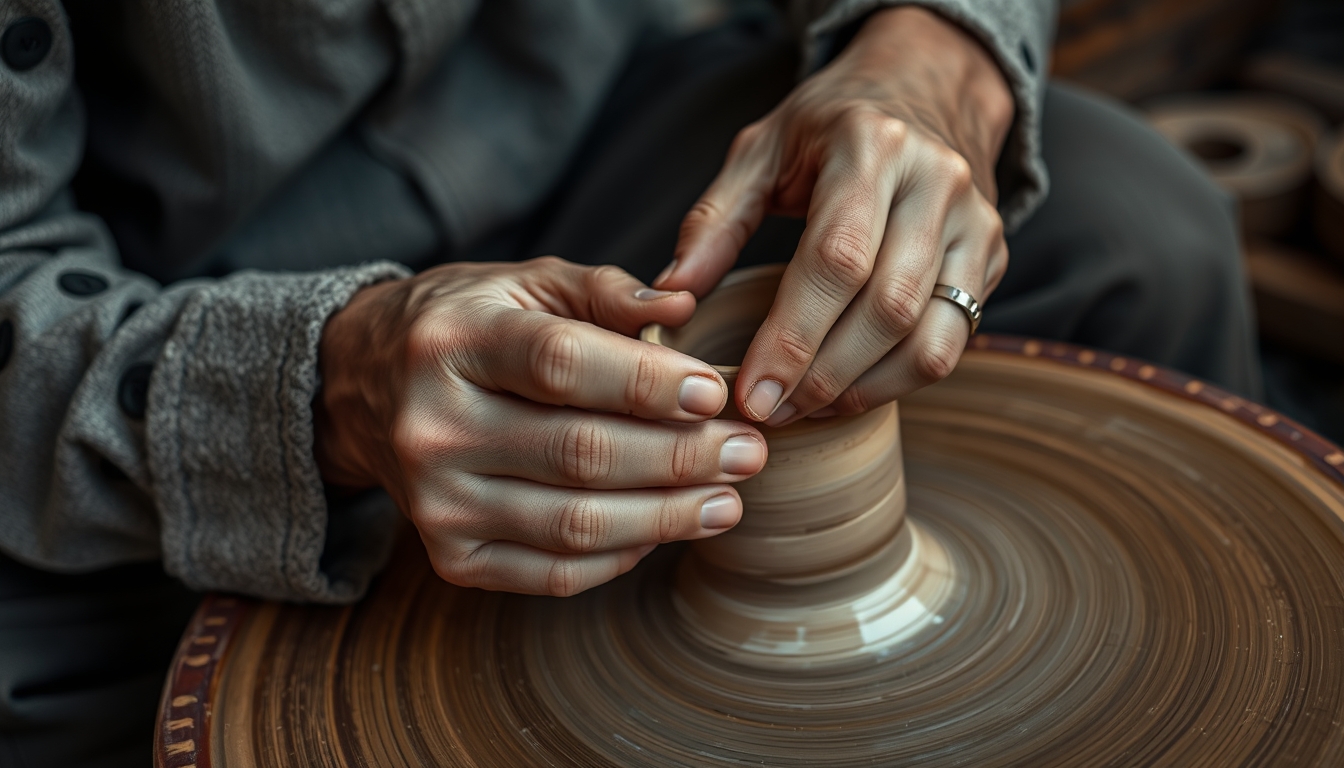 A close-up of a craftsman's hands meticulously shaping a piece of pottery on a spinning wheel, with earthy tones and rich textures.