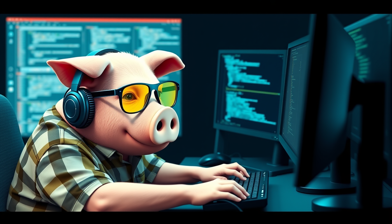 A tech-savvy pig coder, wearing yellow-tinted glasses and sleek noise-cancelling headphones, hunches over a cutting-edge multi-monitor setup. The anthropomorphic pig exudes focus, typing furiously while dressed in a plaid t-shirt.